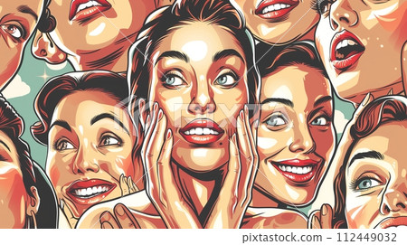 Collage of women's expressive faces in pop art style. AI Generated. 112449032