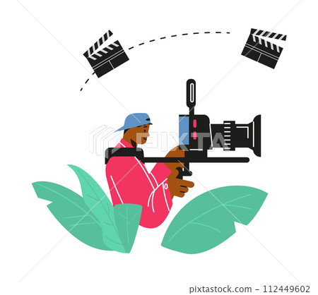 TV operator or videographer records film on professional camera, movie video production, vector video maker with leaves 112449602
