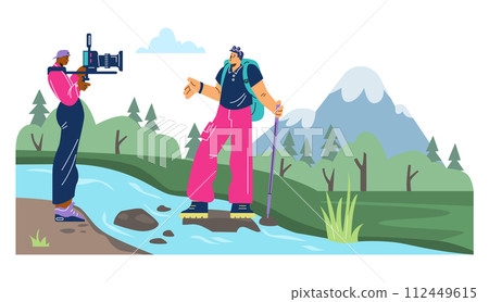 Filming travel blog or broadcast at nature, flat vector illustration isolated. 112449615