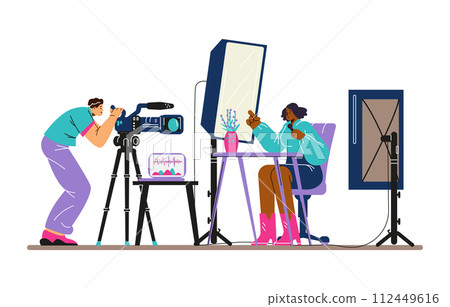 Shooting TV program or blogger broadcast, flat vector illustration isolated. 112449616