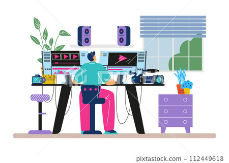 Video editor or maker creates movie or clip, flat vector illustration isolated. 112449618
