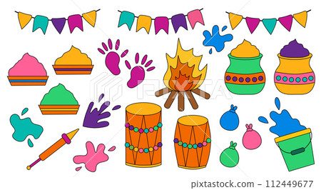 Set of Happy Holi elements. Design for celebration of Indian festival of love and color. Vector flat illustration. 112449677