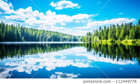 Summer lake landscape, beautiful forest reflecting on the water surface 112449776