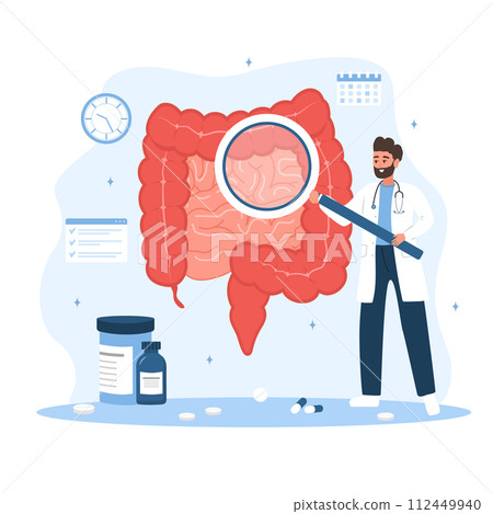 Proctologist concept. Male doctor with magnifier examine intestine. Man in lab coat analysis perianal area. Medical check up. Vector illustration in flat cartoon style. Colon diseases 112449940