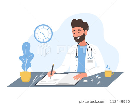 Doctor writing medical prescription. Man in white medical coat sitting at table and write recipe for patient. Healthcare and pharmacy concept. Vector illustration in flat cartoon style 112449950