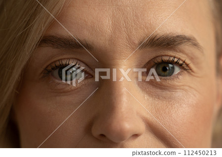 Close-Up Portrait of a Thoughtful Woman With Focus on Eyes and Expression Close-Up Portrait of a Thoughtful Woman With Focus on Eyes and Expression 112450213