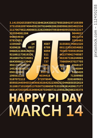 Happy PI Day 3,14 March 14 Holiday vector vertical golden banner. Pi Numbers Mathematics illustration - Math creative poster 112450288