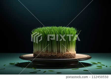 Celebrating renewal with sprouted wheat grass: happy nowruz, a festive homage to nature's rebirth, cultural traditions, and the joyous spirit of persian new year, embracing health and vitality. 112450550