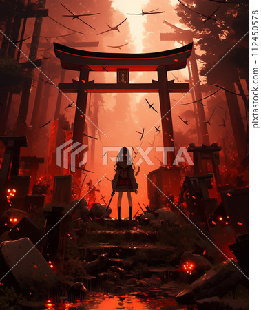A girl (youkai) standing in front of the torii gate 112450578