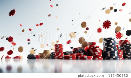 Exciting poker games at an online casino, cards, and chips on the table, gambling experience, winning hands and bets. 112450580
