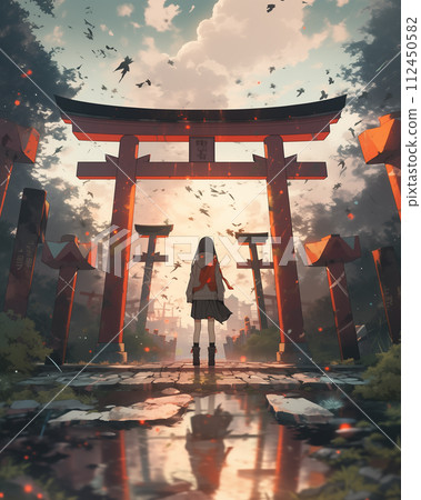 A girl standing in front of a torii gate 112450582