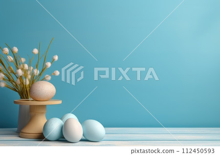 Celebrate easter joy: a delightful mockup with copy space frame, capturing essence of springtime festivities and renewal of hope in stylish and festive design for cards, displays, creative projects. 112450593