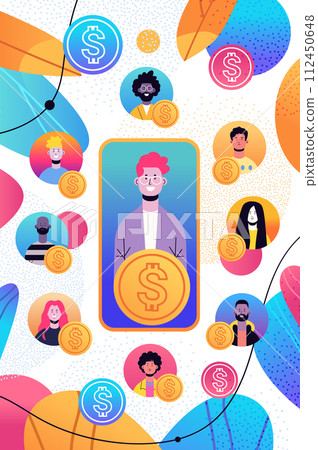 mix race people with dollar coins discussing during virtual conference financial banking wealth transformation technology fintech business investment 112450648