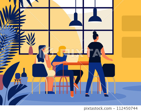 businesswomen working in creative co-working center young girls freelancers using laptop during meeting in modern office or cafe businesswomen working in creative co-working center young girls freelancers using laptop during meeting in modern office or cafe 112450744