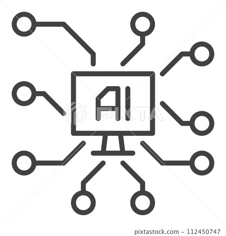Artificial Intelligence and Personal Computer vector AI on PC Screen icon or symbol in outline style 112450747