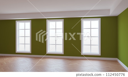 Interior with Khaki Walls, Three Large Windows, Light Glossy Herringbone Parquet 112450776