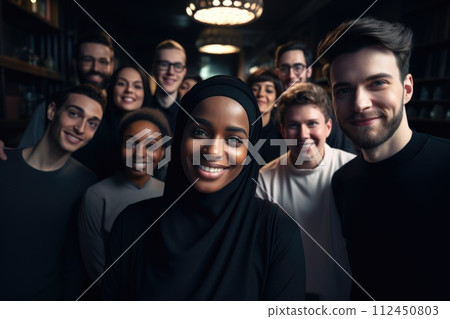 Global smiles: capturing joy in group selfies of cheerful and happy young people diverse nationalities, celebrating unity, friendship, cultural harmony in shared moments of happiness and togetherness. Global smiles: capturing joy in group selfies of cheerful and happy young people diverse nationalities, celebrating unity, friendship, cultural harmony in shared moments of happiness and togetherness. 112450803