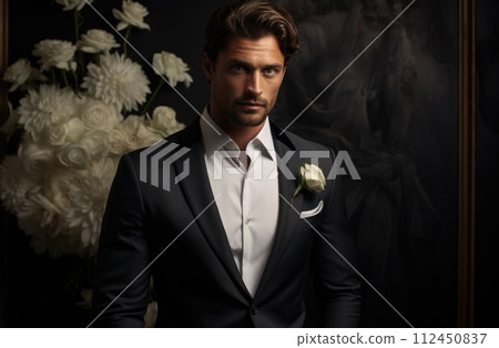 Timeless elegance: men in tuxedos showcase refined style, sophistication, and classic charm, embodying the epitome of formal fashion for special events, celebrations, and black-tie occasions. 112450837