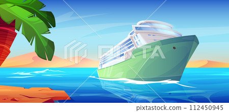 Cruise ship in ocean water near beach cartoon Cruise ship in ocean water near beach cartoon 112450945