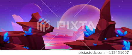 Alien planet landscape with red rocky surface Alien planet landscape with red rocky surface 112451007