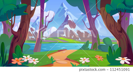 Summer landscape with forest, lake and mountains. Summer landscape with forest, lake and mountains. 112451091