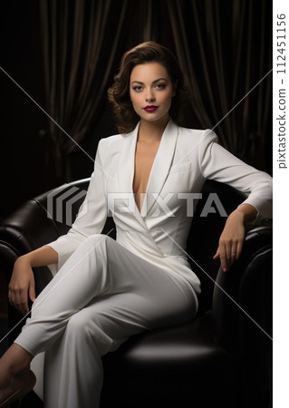Elegance beautiful woman in business suit, tuxedo for wedding, blending professionalism with timeless bridal chic, embodying grace, style, sophistication for stunning celebration or meeting 112451156