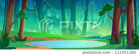 Cartoon vector summer forest landscape with lake. 112451160