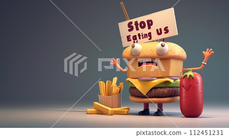 Whimsical plea: cartoon characters, fast food holding a sign 'Stop Eating Us.' A playful take on the concept of proper nutrition and the pursuit of a healthier lifestyle. Whimsical plea: cartoon characters, fast food holding a sign 'Stop Eating Us.' A playful take on the concept of proper nutrition and the pursuit of a healthier lifestyle. 112451231