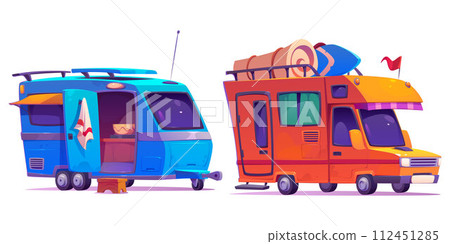 Camper van with baggage on top and open door Camper van with baggage on top and open door 112451285