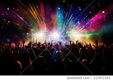 a vibrant concert crowd illuminated by colorful stage lights and surrounded by falling confetti a vibrant concert crowd illuminated by colorful stage lights and surrounded by falling confetti 112451383