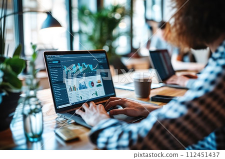 Person using a laptop with financial data with graphs and charts on a laptop computer at workplace 112451437