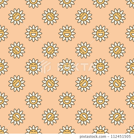 Retro Funny Daisy Flower vector minimal colored seamless pattern in Groovy style Retro Funny Daisy Flower vector minimal colored seamless pattern in Groovy style 112451505