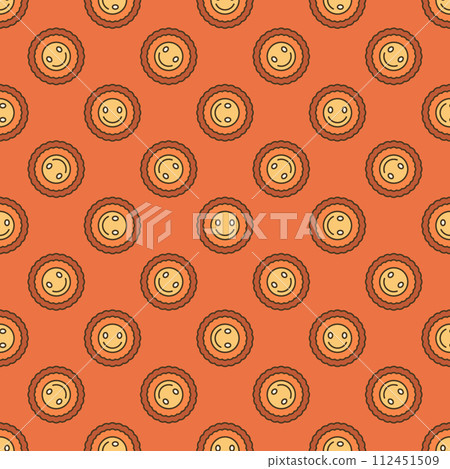 Round Cheerful Smiling Flower vector colored seamless pattern in Groovy style Round Cheerful Smiling Flower vector colored seamless pattern in Groovy style 112451509