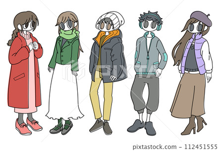穿著厚衣服的男女全身插圖,5 件套 穿著厚衣服的男女全身插圖,5 件套 112451555