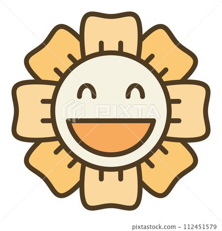 Smiling Flower in Groovy 60s or 70s style vector minimalist colored icon or design element 112451579