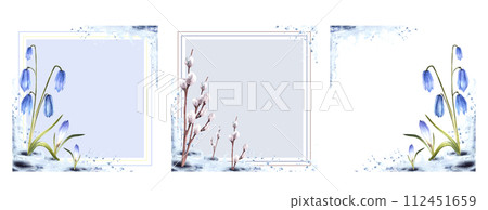 Watercolor painting primary flowers with blue scylla, pussy willow, snowdrops. Plant sprouting through the snow. Melting snow landscape spring greeting card set. Isolated illustration white background Watercolor painting primary flowers with blue scylla, pussy willow, snowdrops. Plant sprouting through the snow. Melting snow landscape spring greeting card set. Isolated illustration white background 112451659