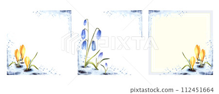 Watercolor painting spring primary flowers blue scylla, crocuses, yellow saffron sprouting through the snow. Melting snow springtime landscape card set template Isolated Watercolor splashes background Watercolor painting spring primary flowers blue scylla, crocuses, yellow saffron sprouting through the snow. Melting snow springtime landscape card set template Isolated Watercolor splashes background 112451664