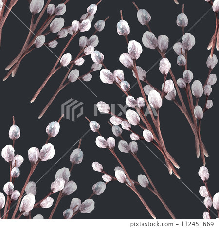 Watercolor spring seamless pattern of pussy willow tree branches. Springtime plant. Easter, Palm Sunday religious Christian symbol, fabric print. Hand drawn illustration. Isolated on dark background 112451669