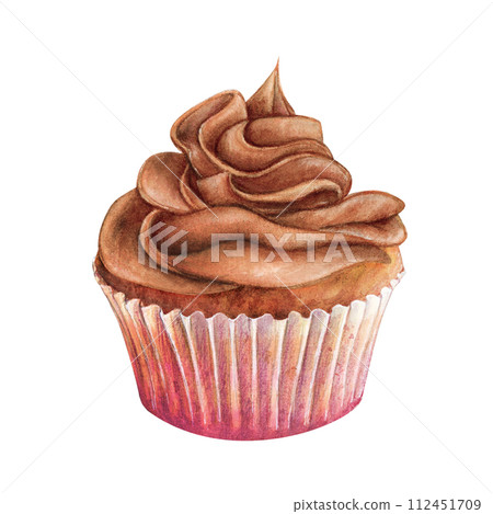 Cupcake muffin cream watercolor drawing chocolate in paper. Cake bakery tasty dessert illustration. Birthday celebration pastry aquarelle isolated on white background. Delicious whipped butter cream  112451709