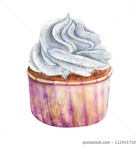 Cupcake muffin cream watercolor drawing vanilla in paper. Cake bakery tasty dessert illustration. Birthday celebration pastry aquarelle isolated on white background. Delicious whipped butter cream  112451710