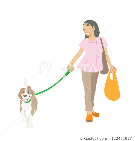 一位女士與她的狗一起散步的插圖 112451957