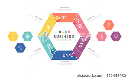Infographic hexagon Jigsaw diagram template for business. Modern Timeline inbound step, digital marketing data, presentation vector infographics. 112452080