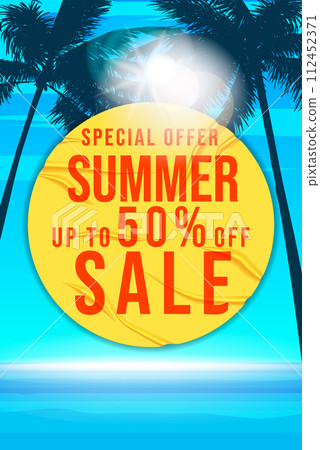 Summer Sale Template poster. Tropical landscape, blue sea, ocean, beach, palms 112452371