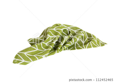 Green textile napkin isolated on white background. Folded decorative kitchen cotton towel. Top view 112452465