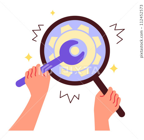 Specialist repairs, adjusts business process with magnifying glass Specialist repairs, adjusts business process with magnifying glass 112452573