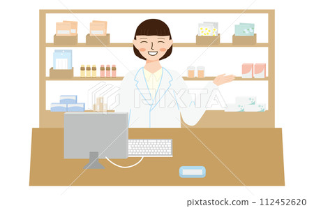 一個穿著白大褂的女人在架子前指著你 一個穿著白大褂的女人在架子前指著你 112452620