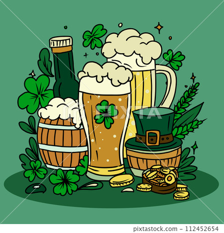 St. Patrick's Day vector illustration with beer, clover leaves, hat, pot of gold and coins. St. Patrick's Day vector illustration with beer, clover leaves, hat, pot of gold and coins. 112452654