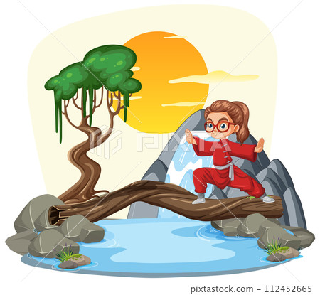 Adventurous Child Crossing Wooden Bridge 112452665