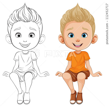 Cartoon Boy in Color and Black & White 112452717