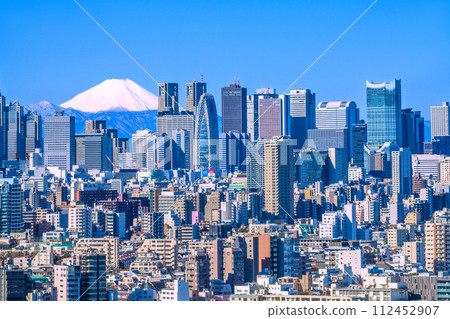日本東京城市景觀的新景觀。新宿正在改變。富士山和新宿副中心的景色。東急歌舞伎町塔的雄偉 日本東京城市景觀的新景觀。新宿正在改變。富士山和新宿副中心的景色。東急歌舞伎町塔的雄偉 112452907